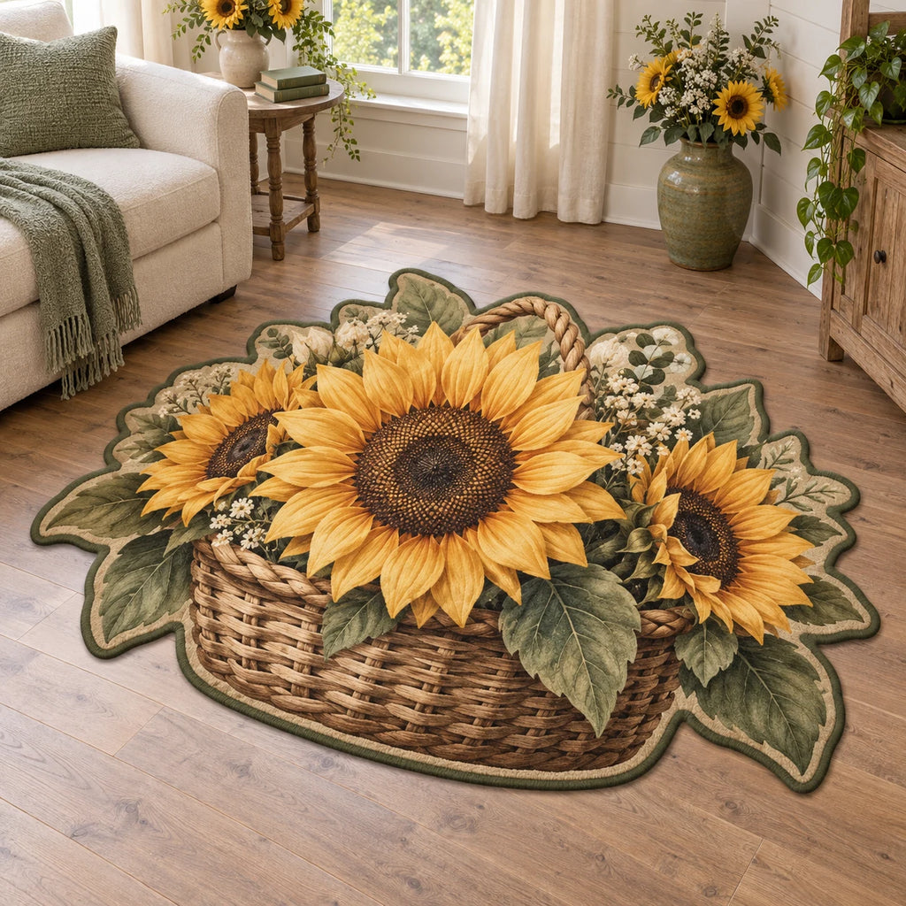 Sunflower Basket Custom Shape Rug with golden sunflowers in a woven basket and matching leafy framing