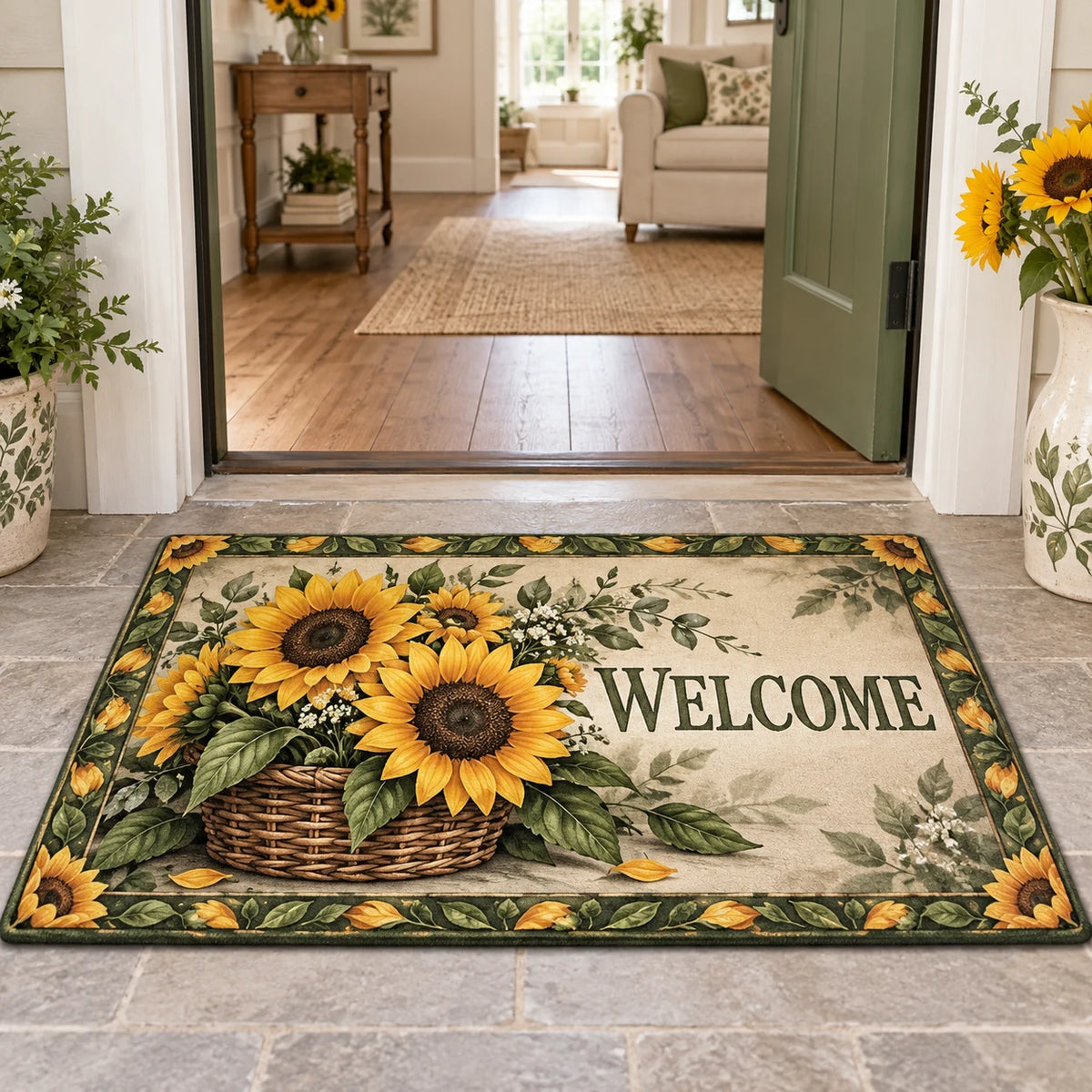 Sunflower Garden Basket Welcome Doormat showing golden sunflowers in a woven basket with matching botanical framing