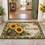 Sunflower Garden Basket Welcome Doormat showing golden sunflowers in a woven basket with matching botanical framing