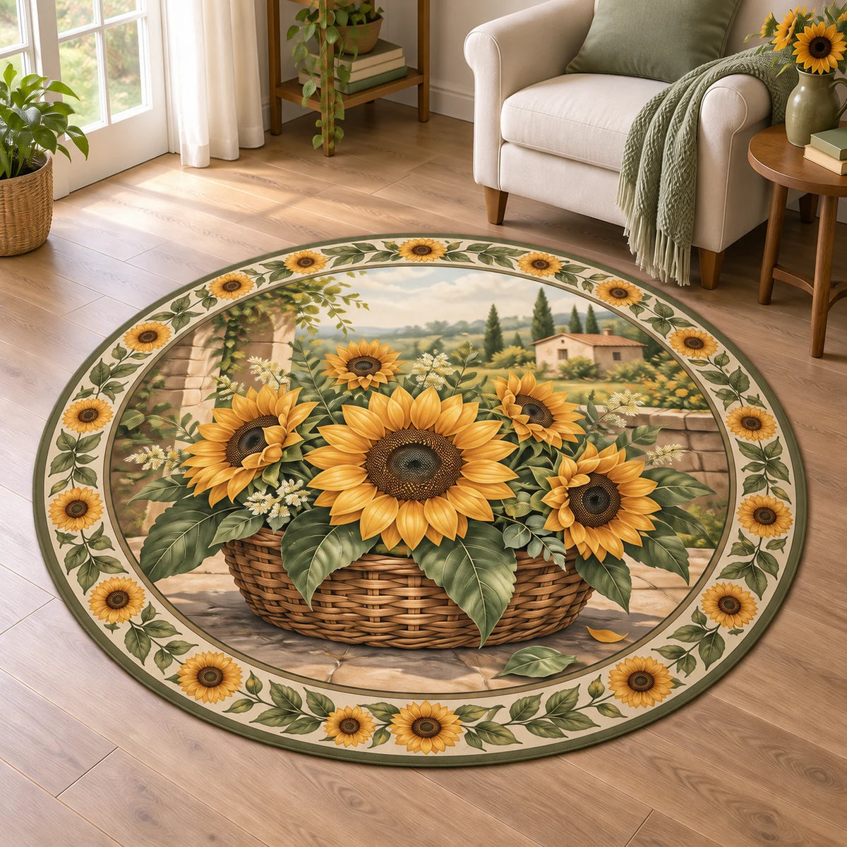 Sunflower Garden Basket Round Mat Rug showing golden sunflowers in a woven basket with matching botanical framing