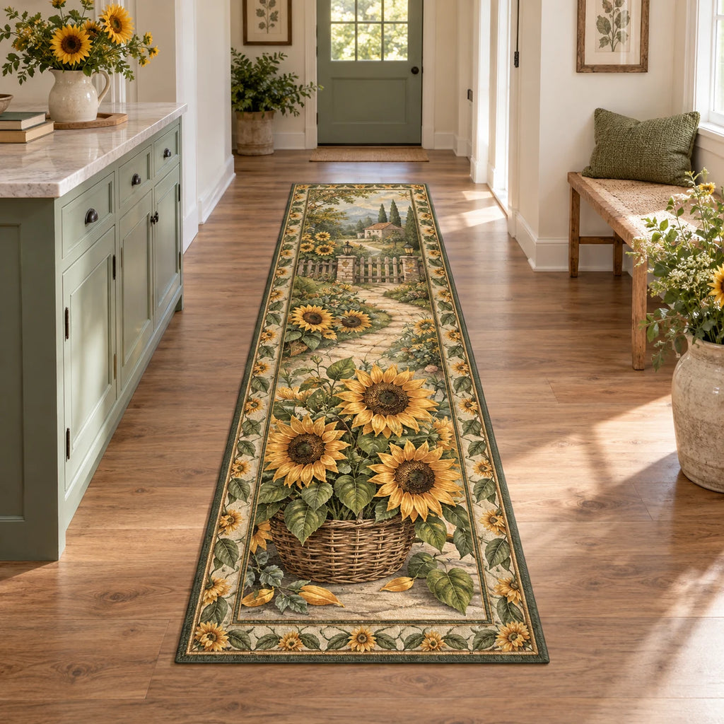 Sunflower Garden Basket Runner Rug showing golden sunflowers in a woven basket with matching botanical framing