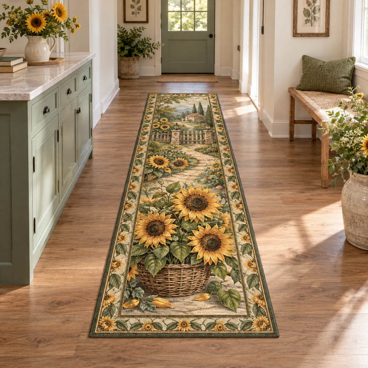 Sunflower Garden Basket Runner Rug showing golden sunflowers in a woven basket with matching botanical framing