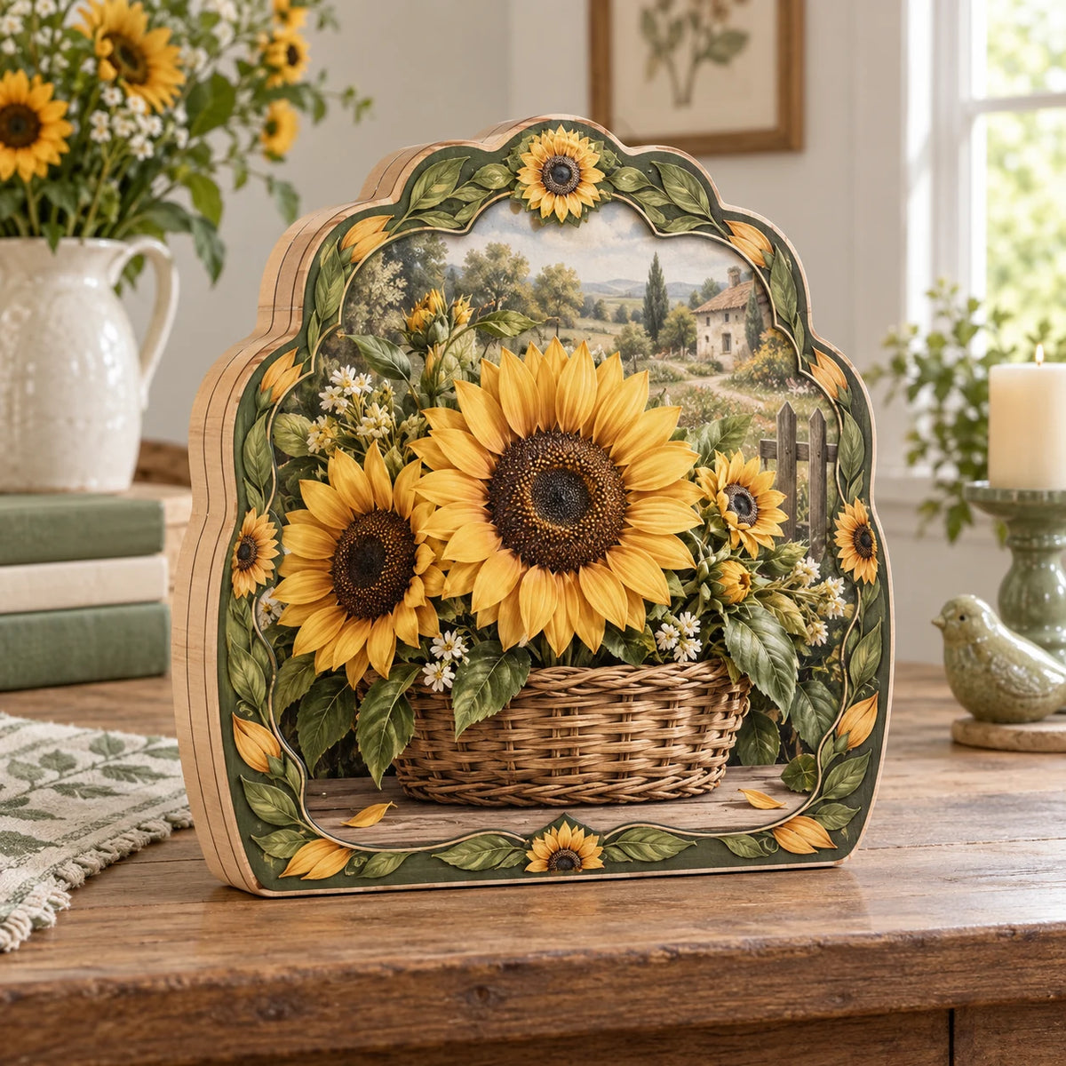 Sunflower Basket Wooden Block - 3 Layer Decor with golden sunflowers in a woven basket and matching leafy framing