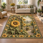 Sunflower Garden Trellis Area Rug with dimensional printed artwork in a matching cottage setting