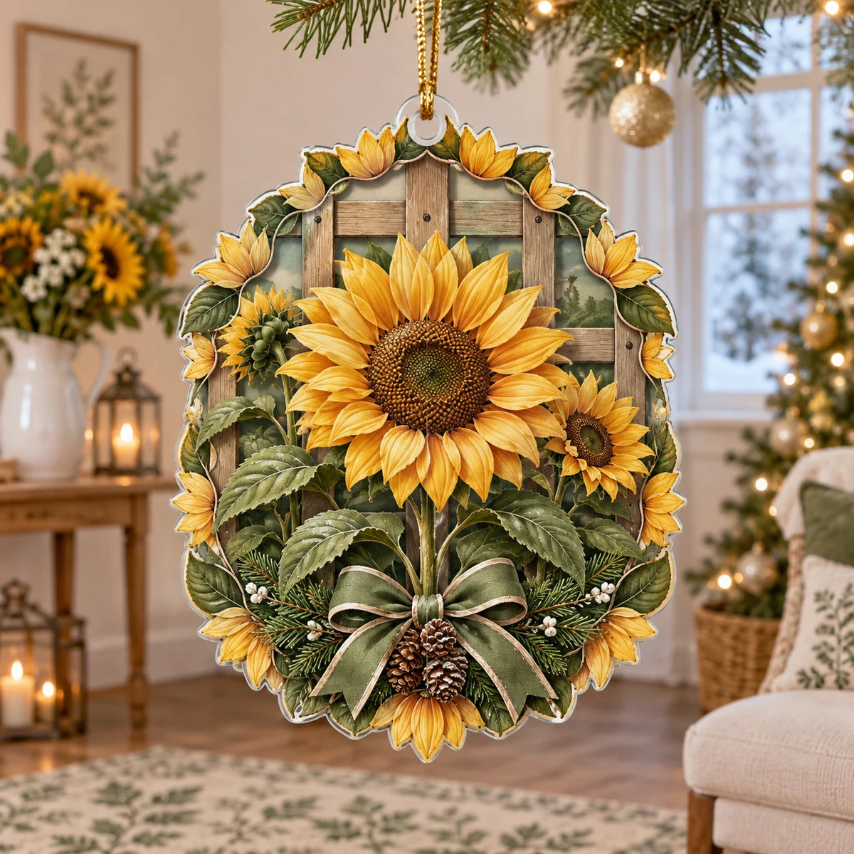Sunflower Garden Christmas Ornament with dimensional printed artwork in a coordinated interior