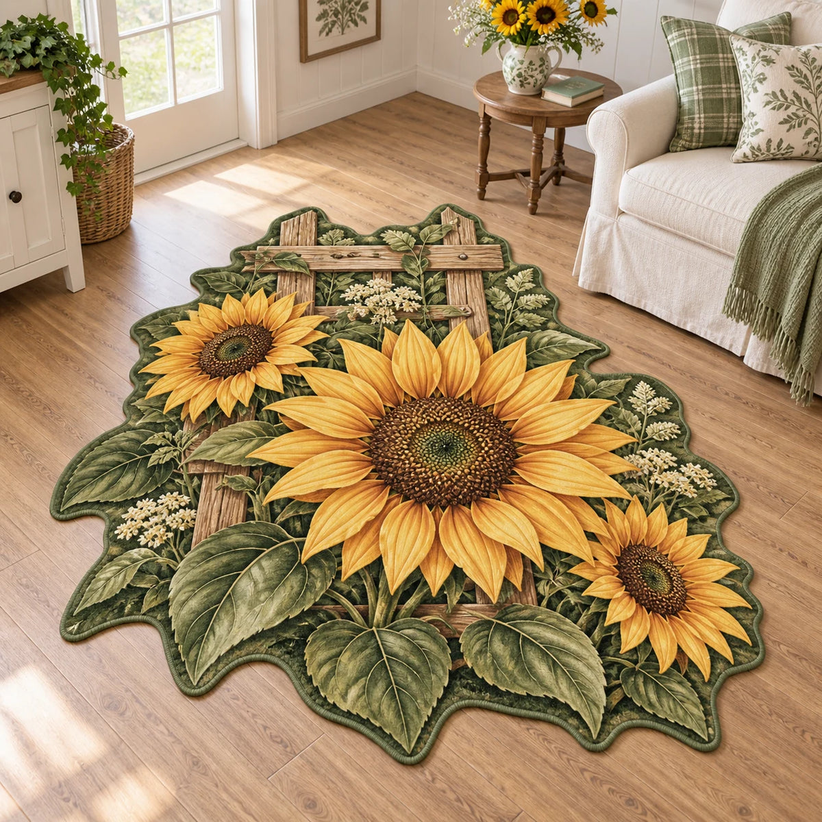 Sunflower Trellis Custom Shape Rug with dimensional printed artwork in a coordinated interior