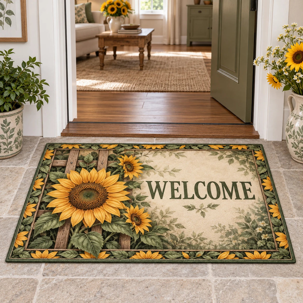 Sunflower Trellis Welcome Doormat with dimensional printed artwork in a coordinated interior