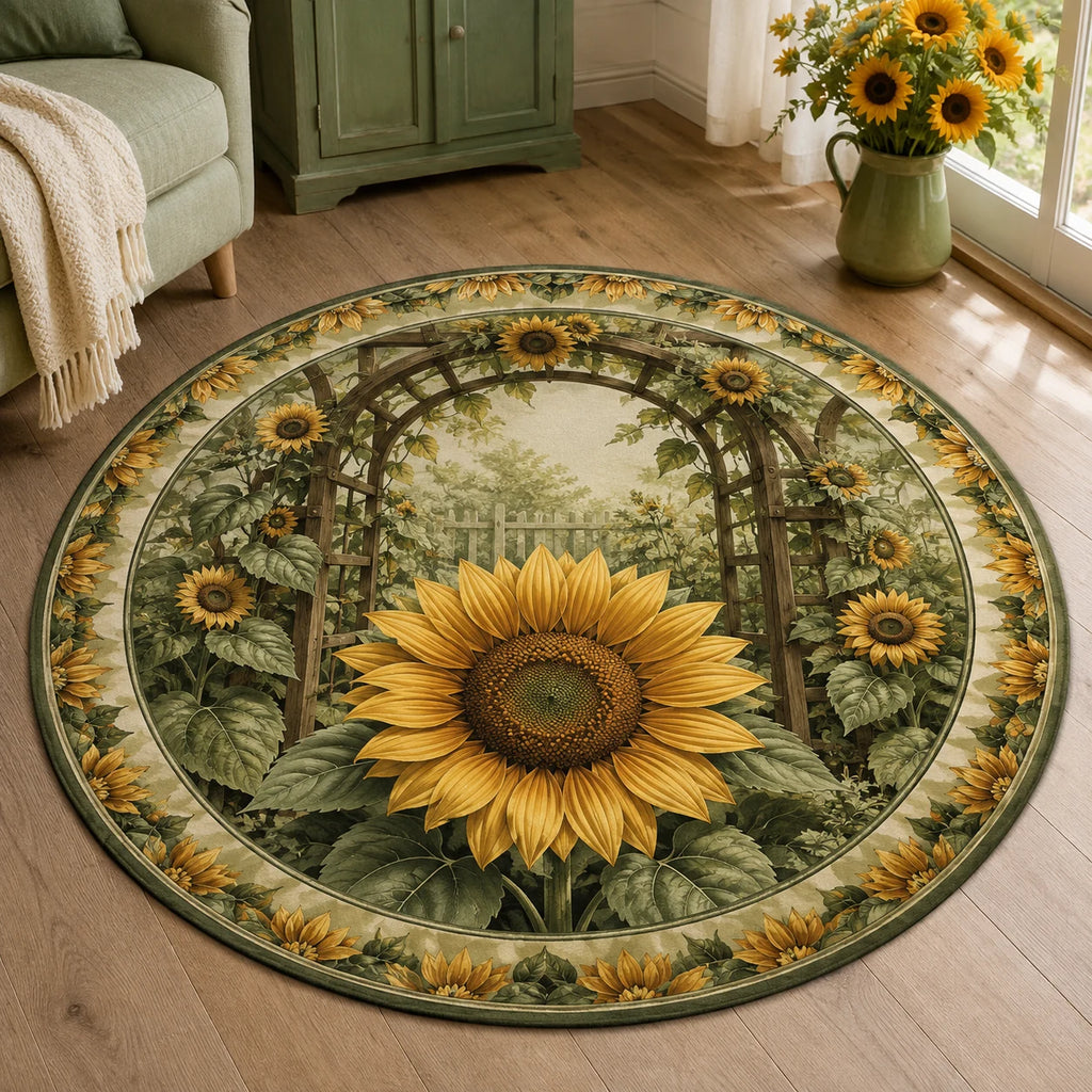 Sunflower Garden Trellis Round Mat Rug with an original printed 3D effect in a matching room setting
