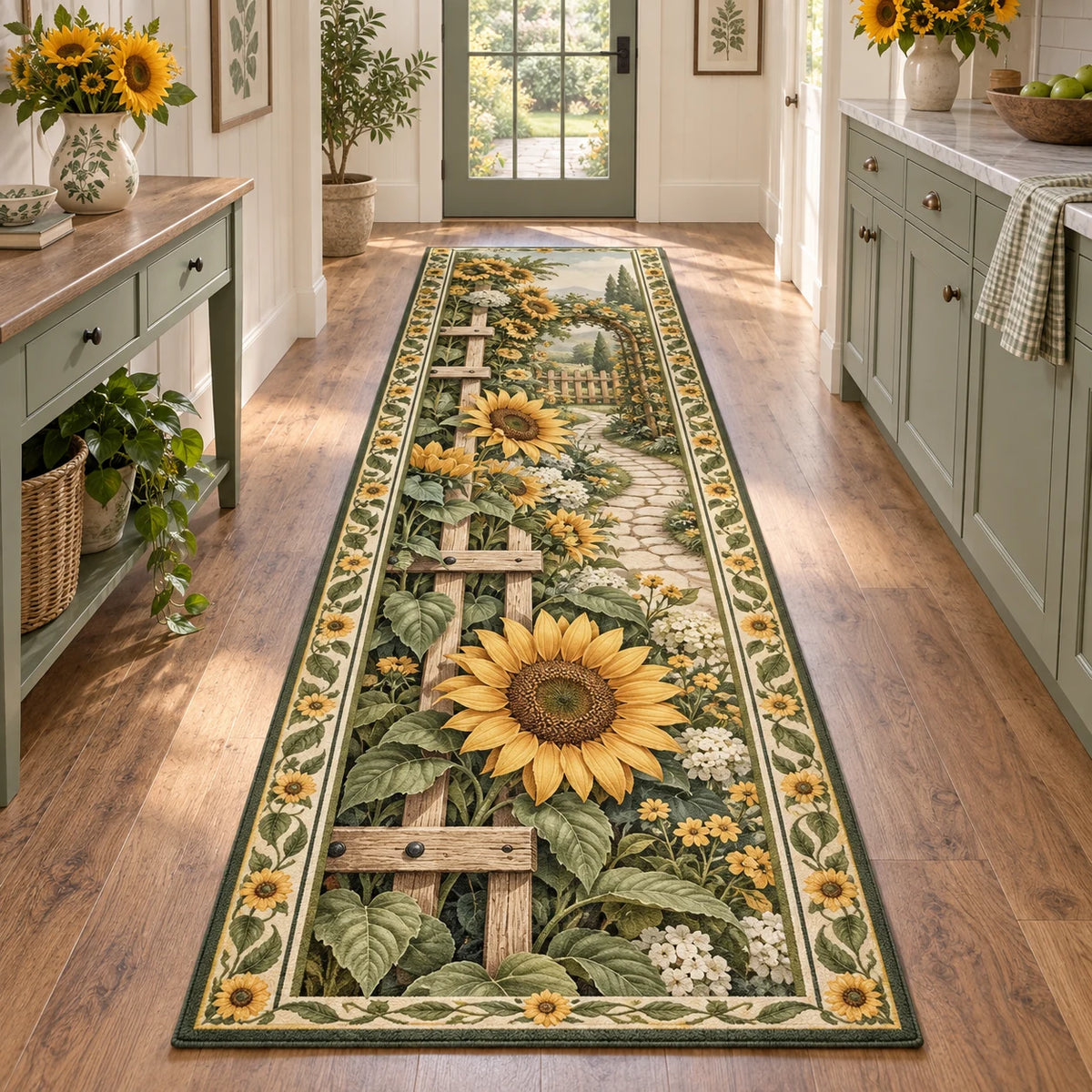 Sunflower Garden Runner Rug - 3D Print with dimensional printed artwork in a coordinated interior