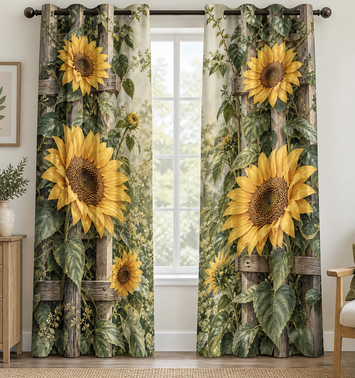 Sunflower Garden Trellis Window Curtains with printed dimensional artwork