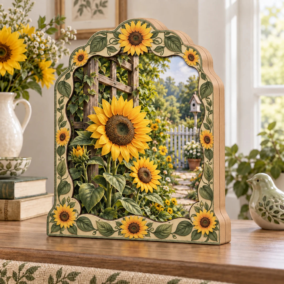 Sunflower Garden 3-Layer Wooden Block with dimensional printed artwork in a coordinated interior