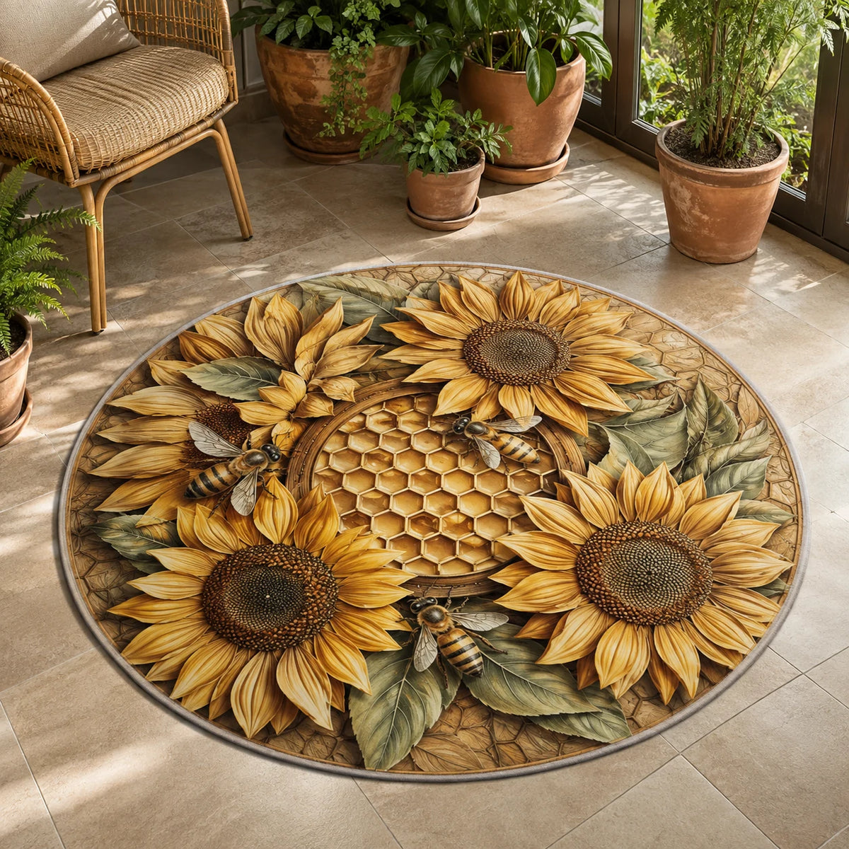 Sunflower Honeybee Medallion round mat rug with a dimensional printed design in a honeybee garden setting