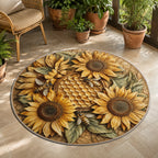 Sunflower Honeybee Medallion round mat rug with a dimensional printed design in a honeybee garden setting