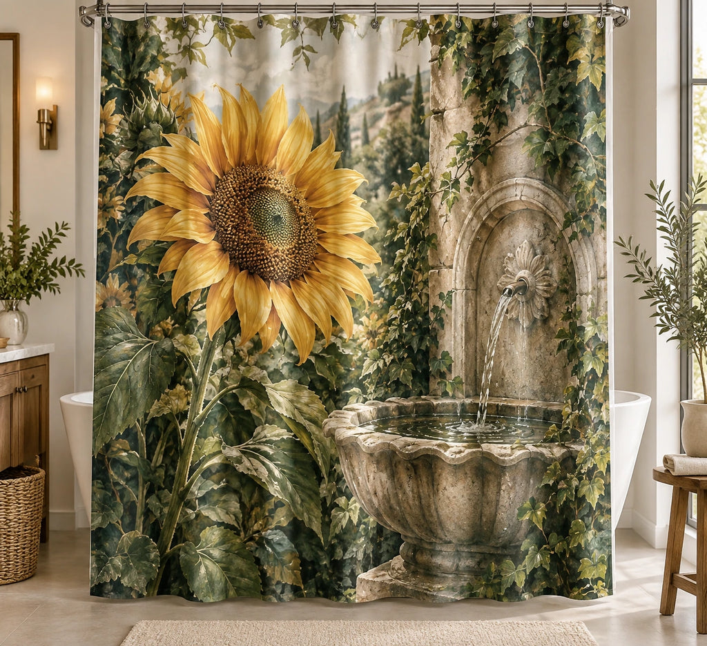 Sunflower Stone Fountain Shower Curtain with printed dimensional artwork