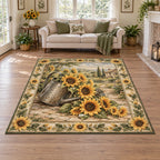 Sunflower Watering Can Area Rug with dimensional printed artwork in a matching indoor setting