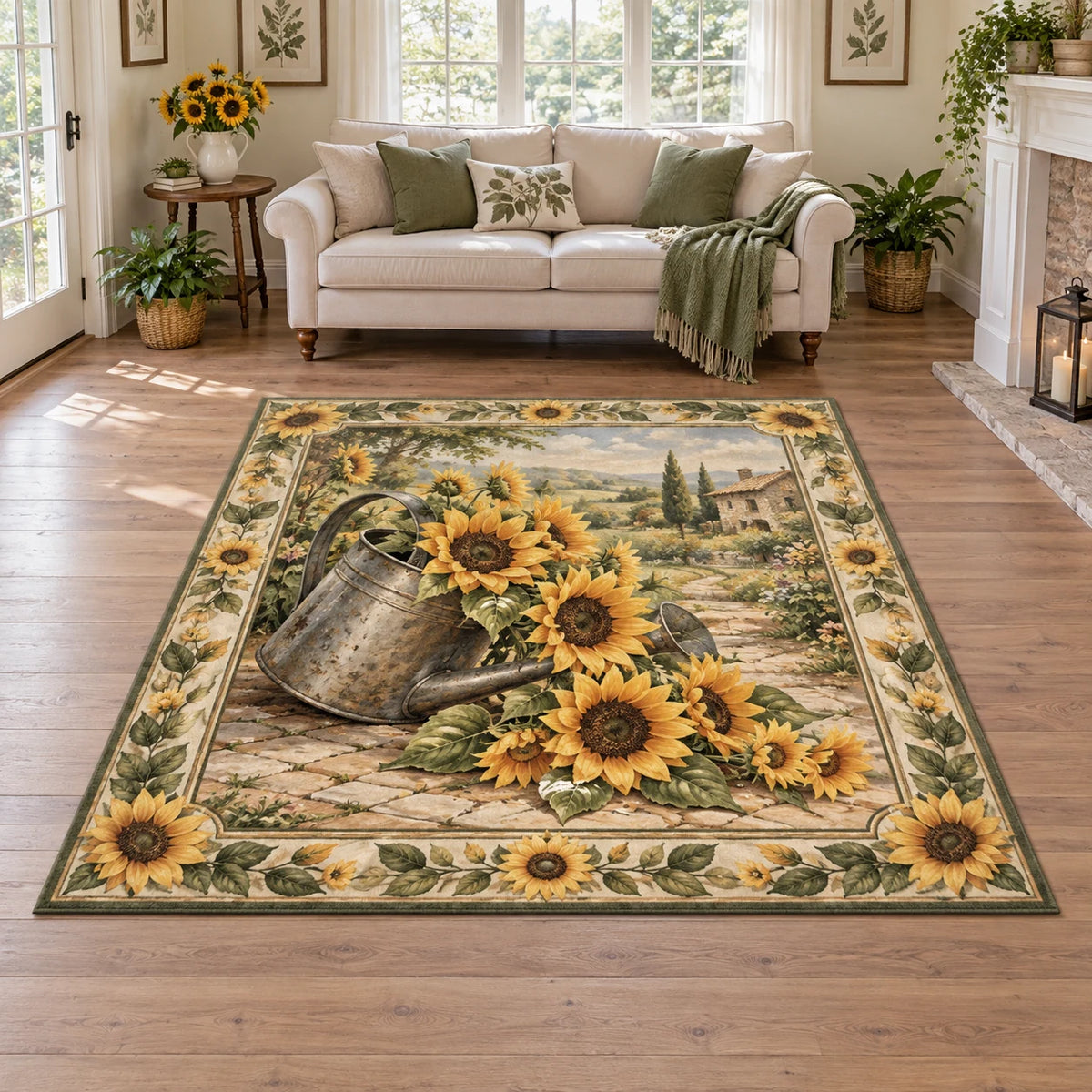 Sunflower Watering Can Area Rug with dimensional printed artwork in a matching indoor setting