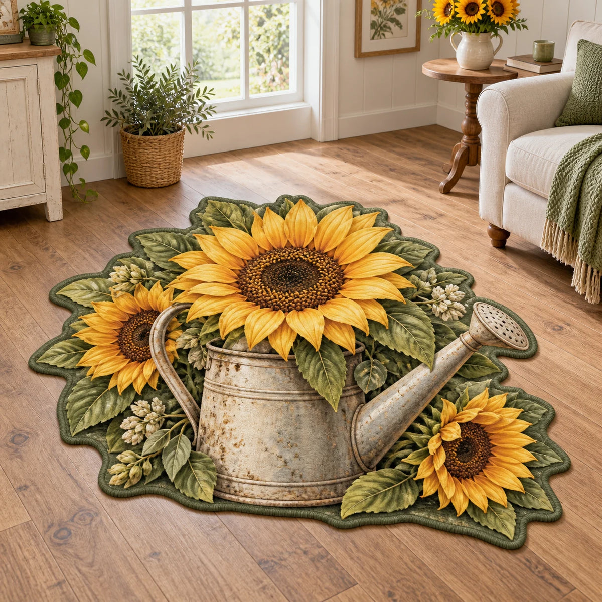 Sunflower Watering Can Custom Shape Area Rug with dimensional printed artwork in a matching indoor setting
