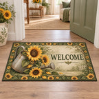 Sunflower Watering Can Doormat with dimensional printed artwork in a matching indoor setting