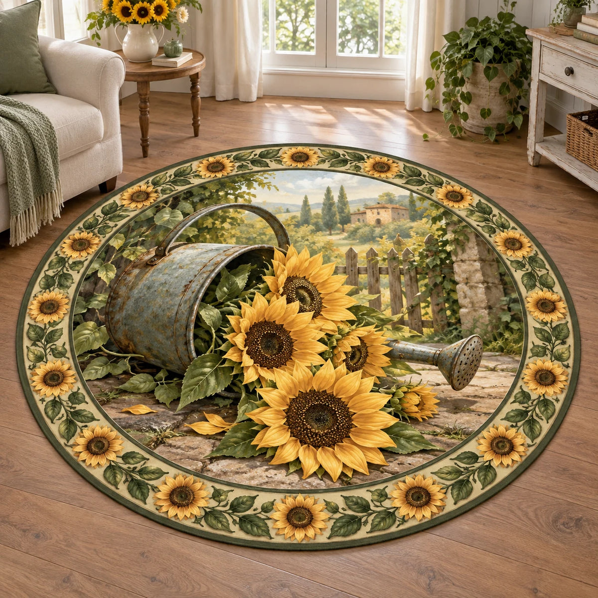 Sunflower Watering Can Round Mat Rug with dimensional printed artwork in a matching indoor setting