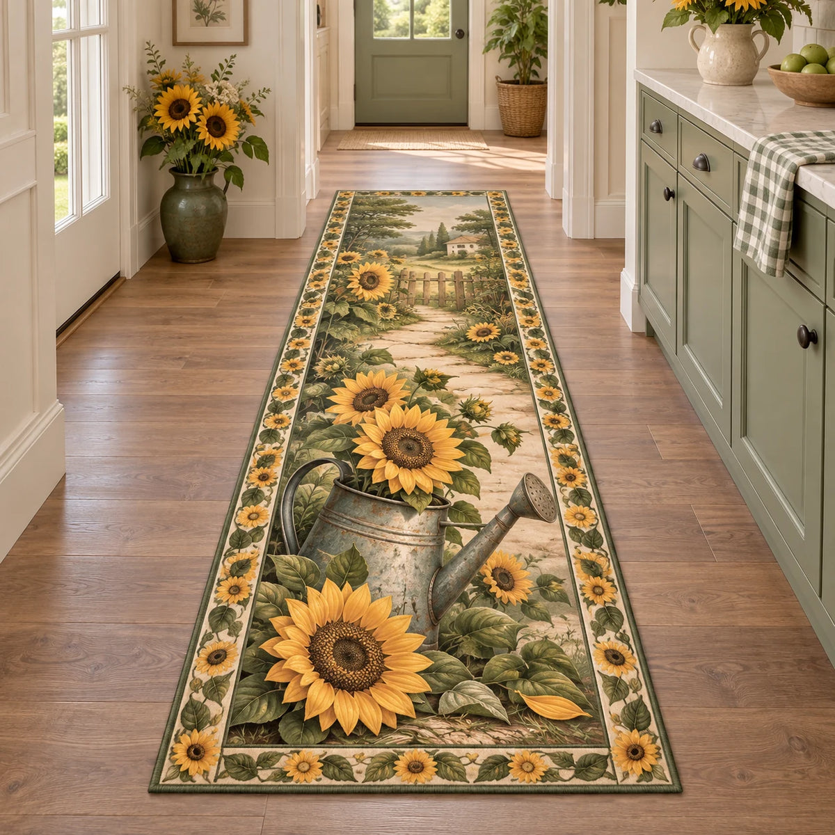 Sunflower Watering Can Runner Rug with dimensional printed artwork in a matching indoor setting