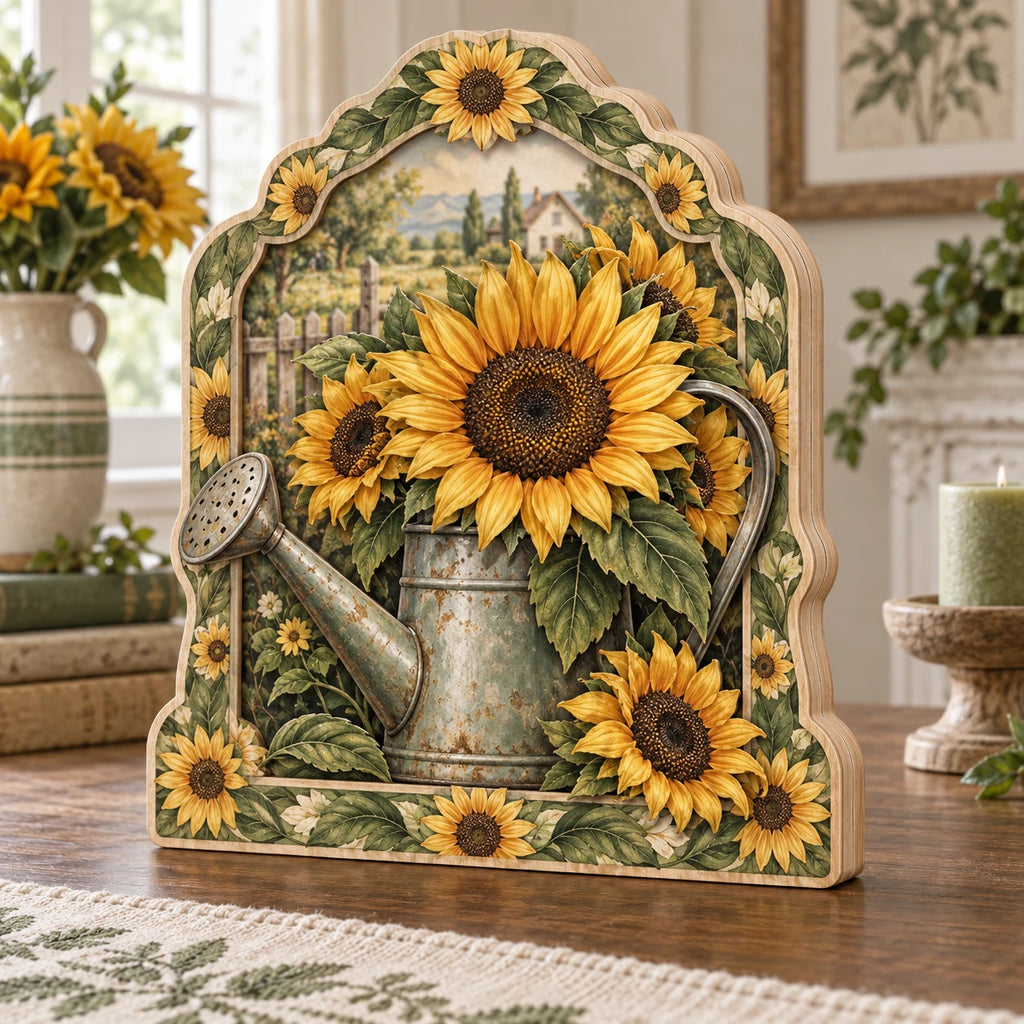 Sunflower Watering Can Wooden Block with dimensional printed artwork in a matching indoor setting