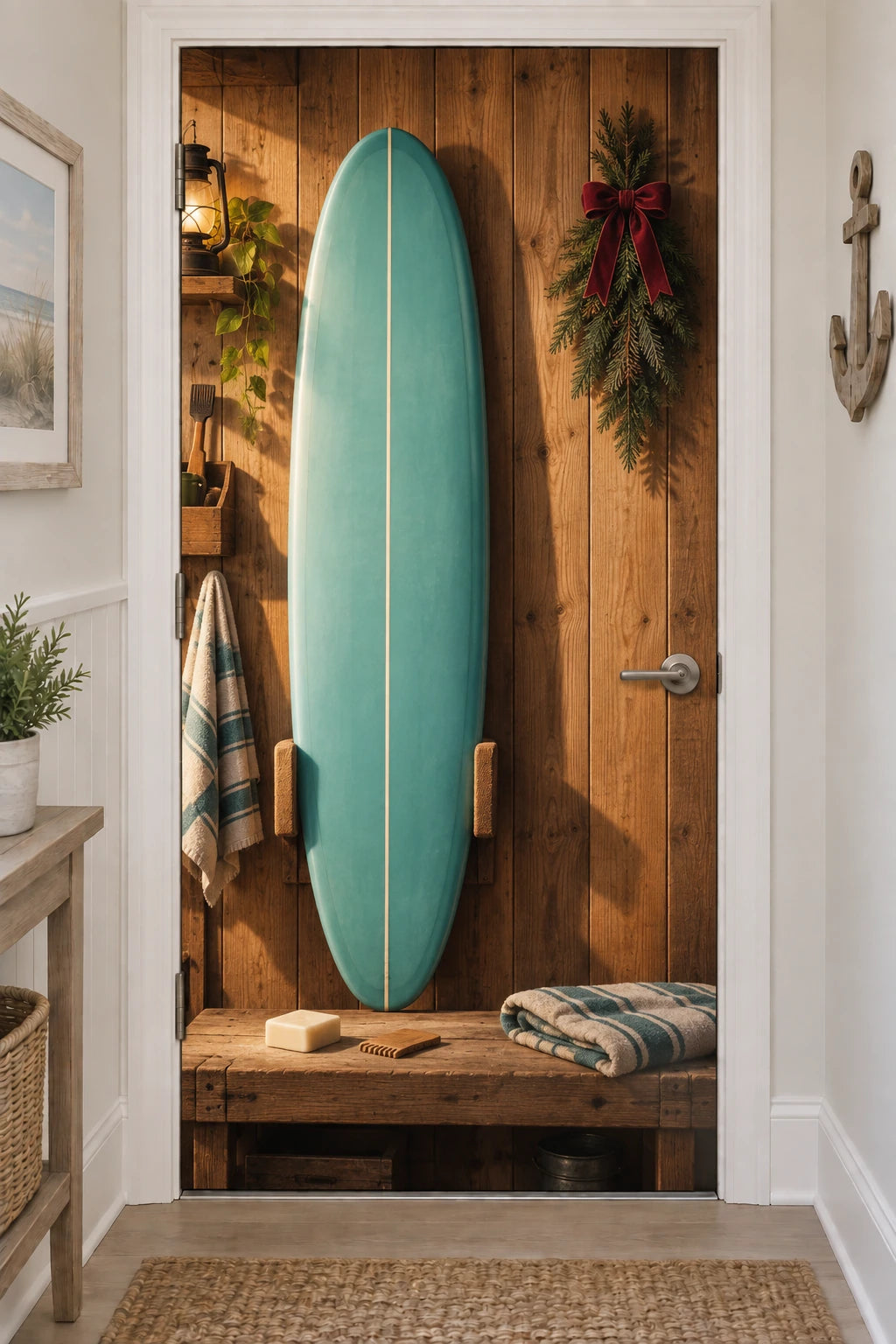 Surfboard Christmas Workshop Fabric Door Cover with printed longboard rails and wall-rack shadows