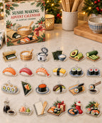 Sushi Making advent calendar with 24 custom-shaped flat acrylic charms and printed dimensional artwork