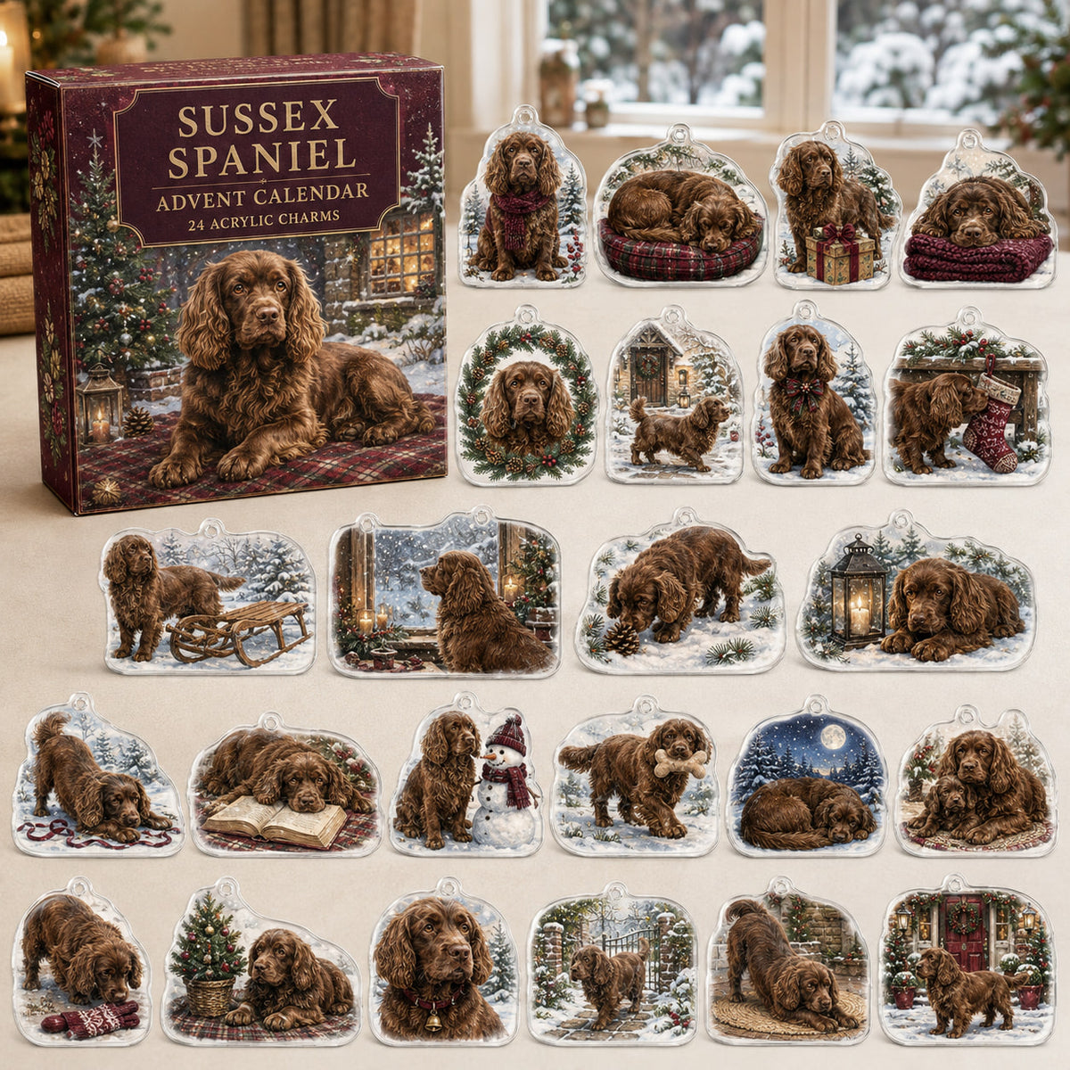 Sussex Spaniel advent calendar box and 24 illustrated acrylic charms displayed on an ivory tabletop in a winter setting