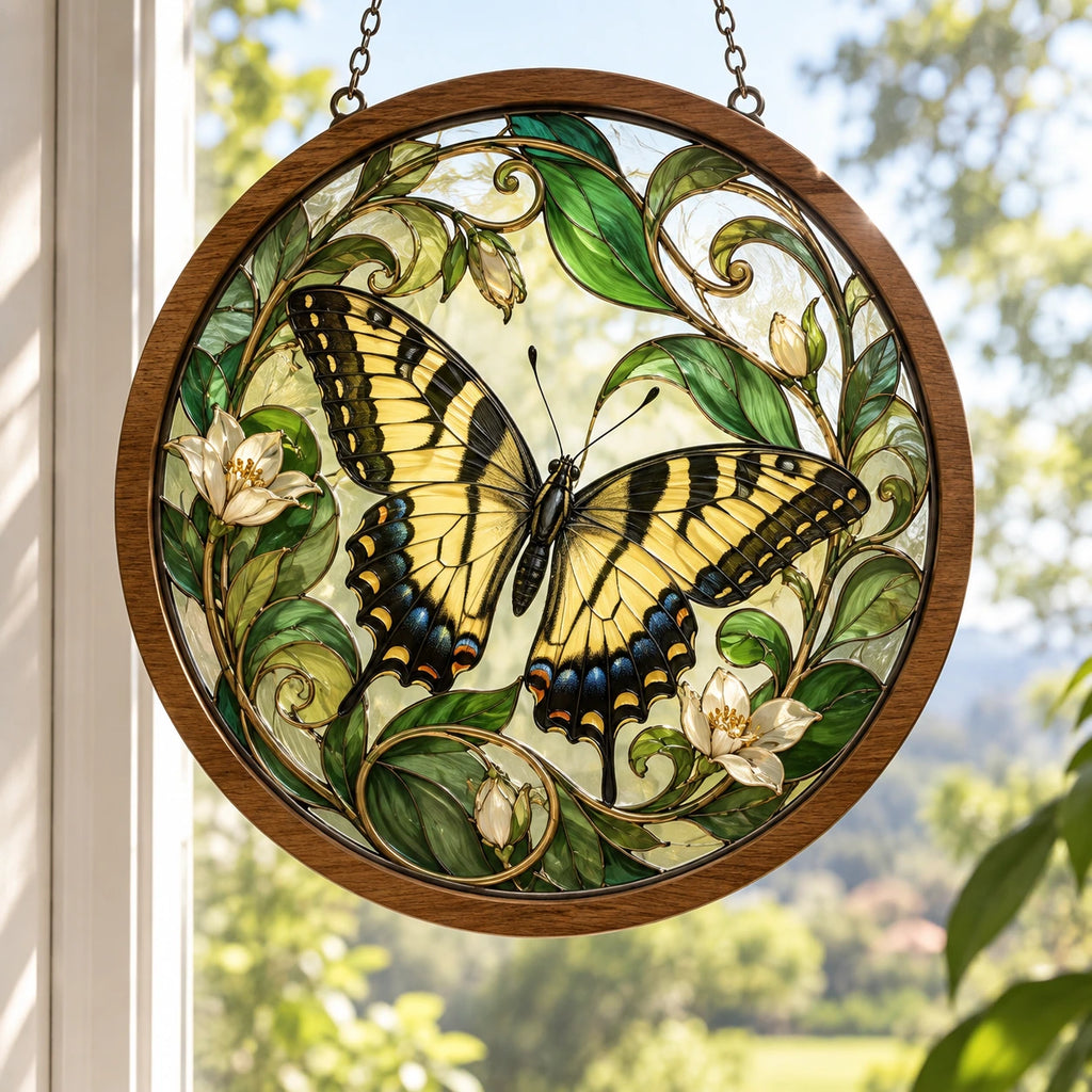 Swallowtail Butterfly Vine Spiral Wood & Acrylic Suncatcher with printed dimensional artwork
