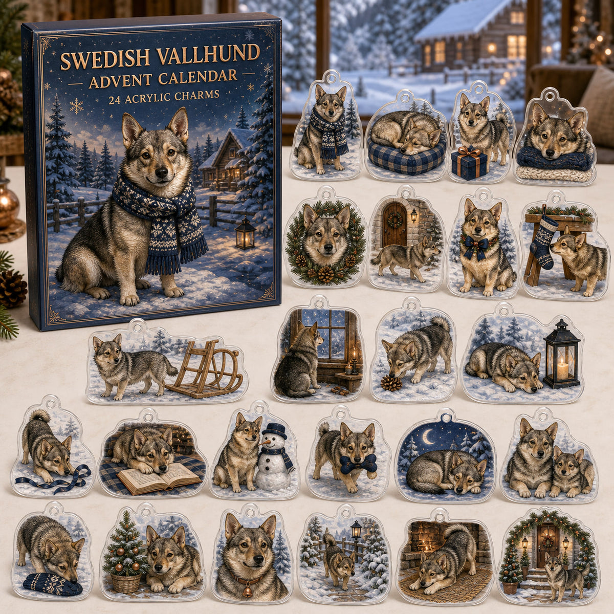Swedish Vallhund advent calendar box and 24 illustrated acrylic charms displayed on an ivory tabletop in a winter setting