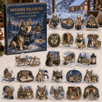 Swedish Vallhund advent calendar box and 24 illustrated acrylic charms displayed on an ivory tabletop in a winter setting