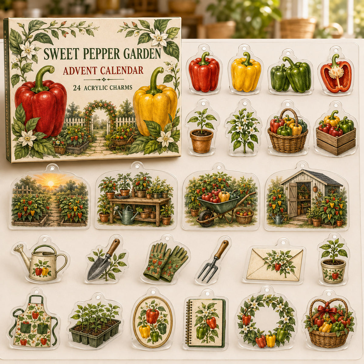Sweet Pepper Growing advent calendar box with 24 printed acrylic garden charms