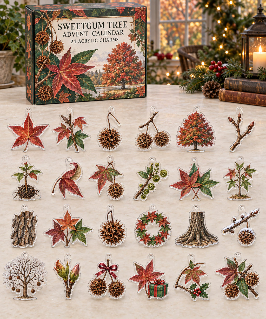 Sweetgum Tree advent calendar with 24 custom-shaped flat acrylic charms and printed dimensional artwork