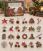 Sweetgum Tree advent calendar with 24 custom-shaped flat acrylic charms and printed dimensional artwork
