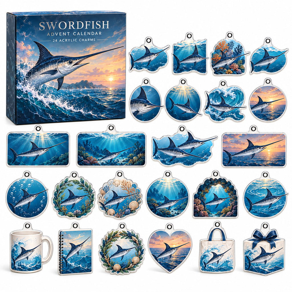 Swordfish advent calendar box with 24 themed flat printed acrylic charms