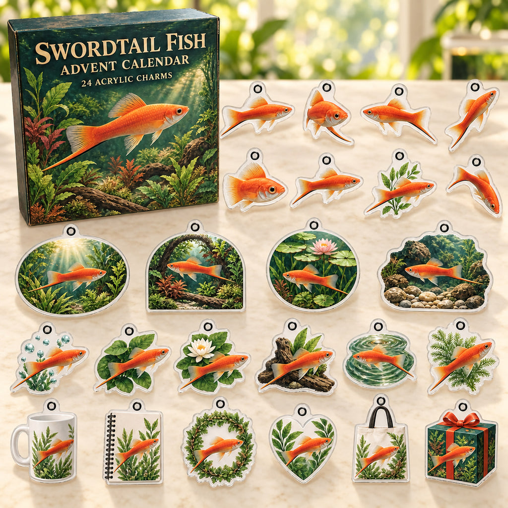Swordtail Fish advent calendar box with 24 themed flat printed acrylic charms