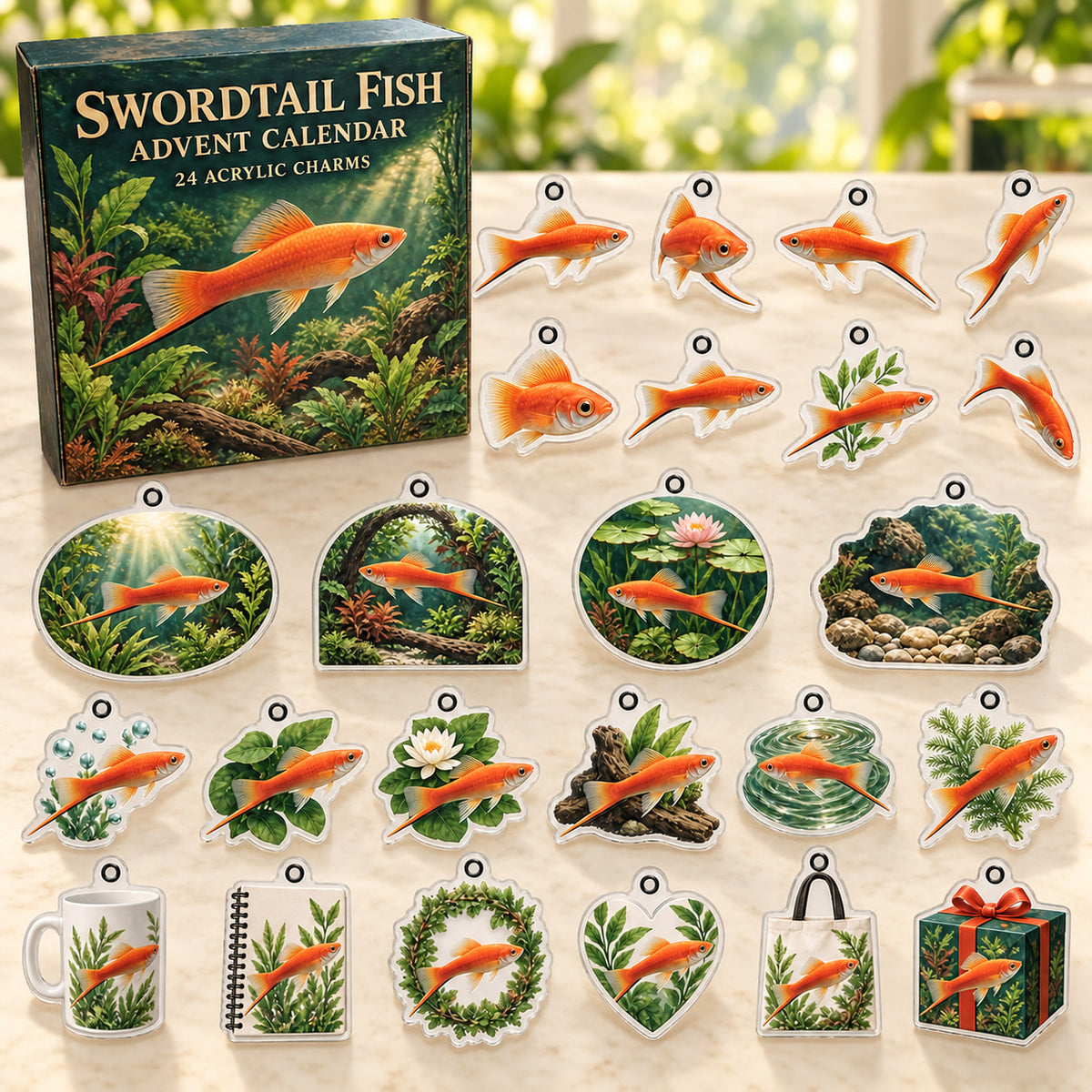 Swordtail Fish advent calendar box with 24 themed flat printed acrylic charms