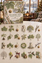 Sycamore Tree advent calendar with 24 custom-shaped flat acrylic charms and printed dimensional artwork