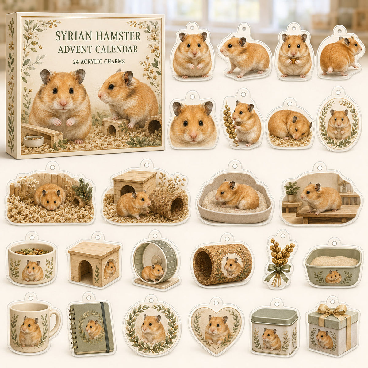 Syrian Hamster advent calendar box with 24 themed printed acrylic charms