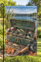 Tackle Box Autumn Fishing Garden Flag with printed dimensional artwork