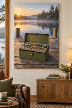 Tackle Box Lakeside Dawn Stretched Canvas with flat printed fishing box, dock and misty lake depth.