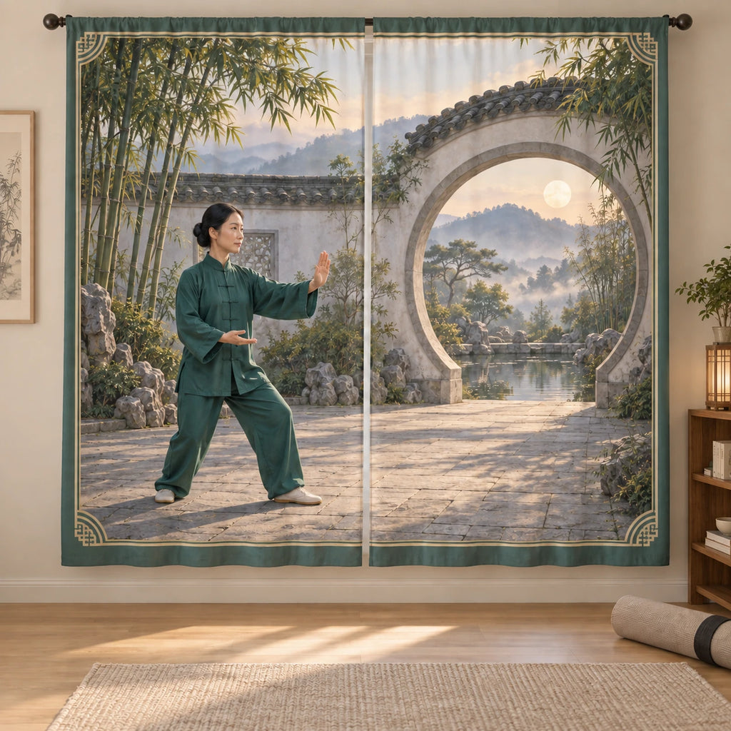 Tai Chi Dawn Courtyard Window Curtain Pair with original printed optical 3D artwork