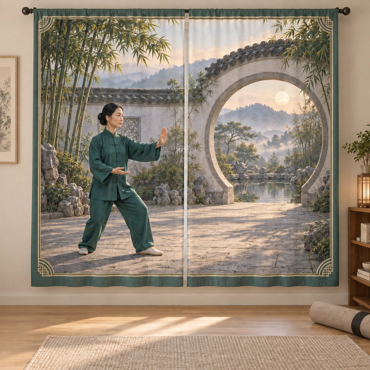 Tai Chi Dawn Courtyard Window Curtain Pair with original printed optical 3D artwork