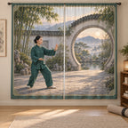 Tai Chi Dawn Courtyard Window Curtain Pair with original printed optical 3D artwork