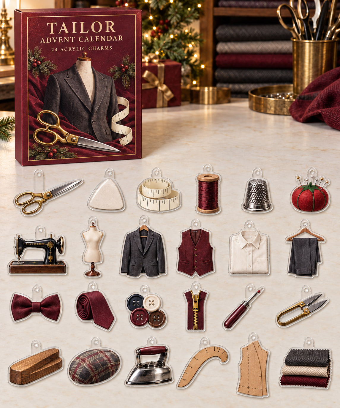 Tailor advent calendar with 24 custom-shaped flat acrylic charms and printed dimensional artwork