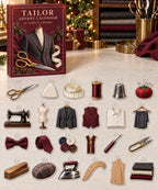 Tailor advent calendar with 24 custom-shaped flat acrylic charms and printed dimensional artwork