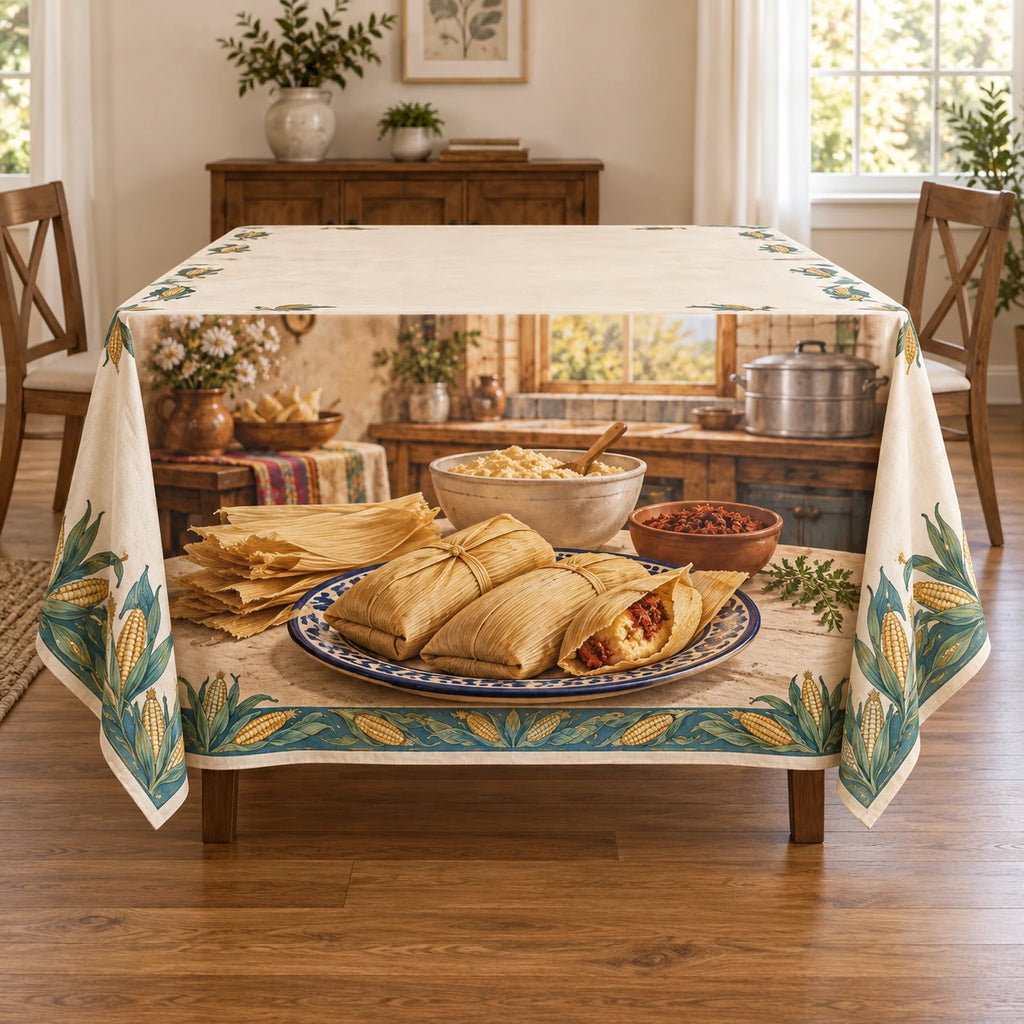 Tamalada Family Kitchen Tablecloth with original printed optical 3D artwork