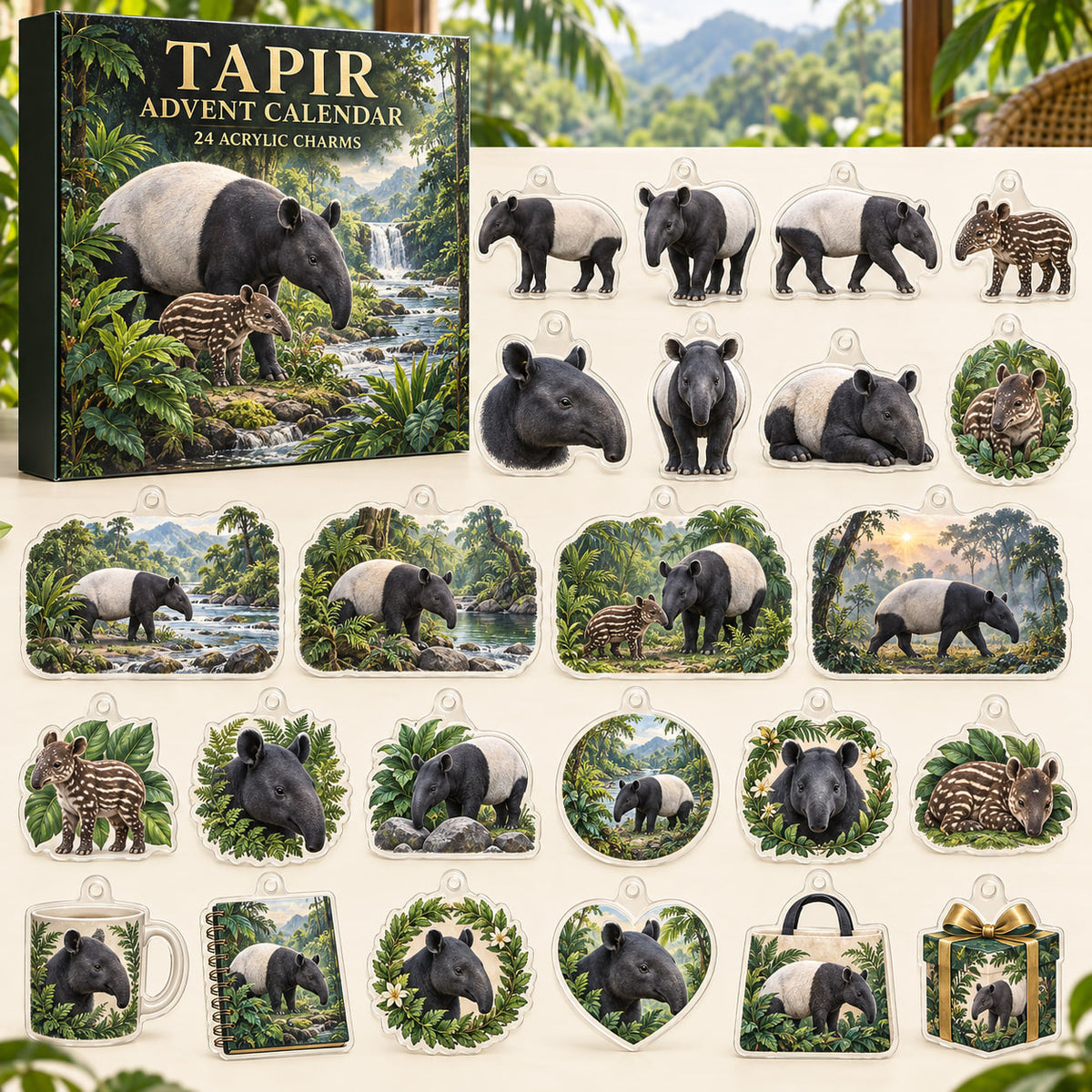 Tapir advent calendar box with 24 themed flat printed acrylic charms