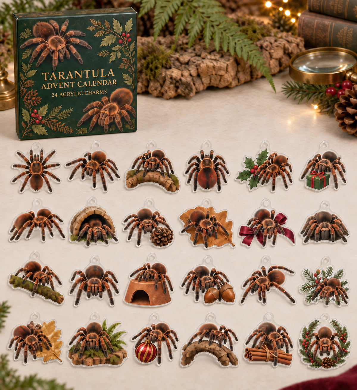 Tarantula advent calendar with 24 custom-shaped flat acrylic charms and printed dimensional artwork