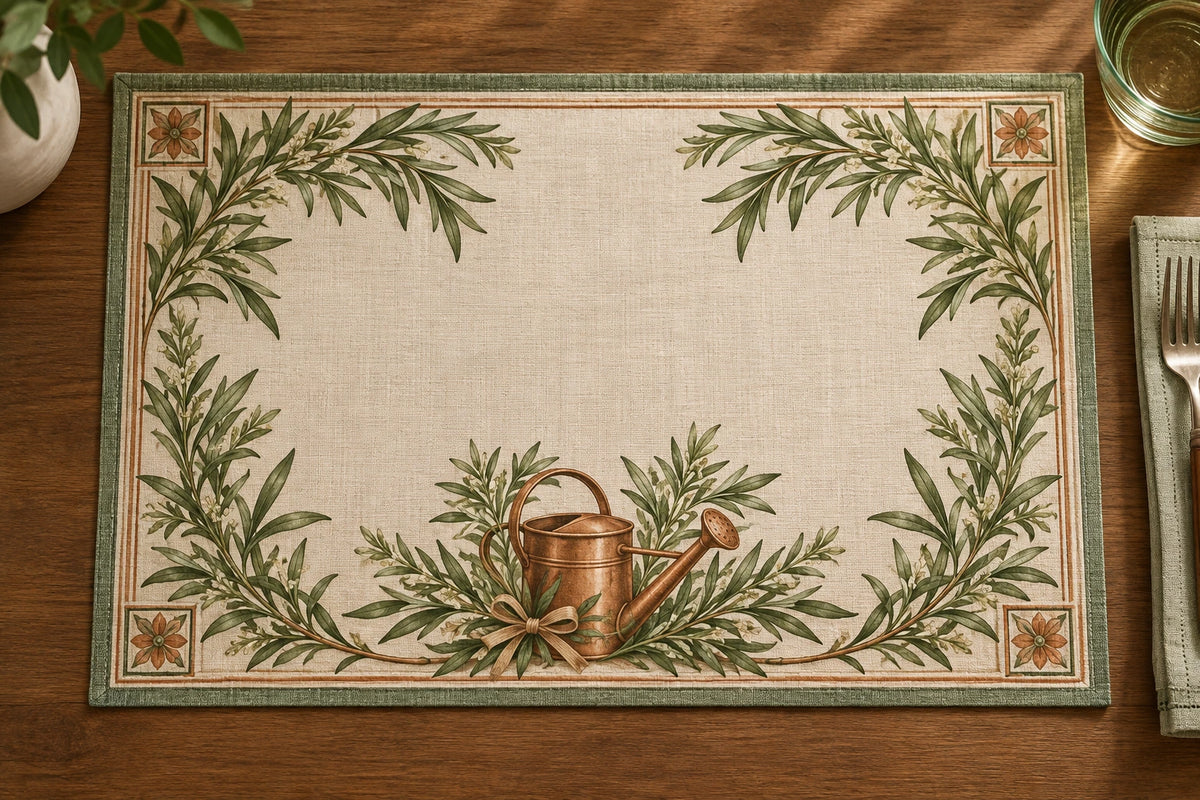 Tarragon Copper Watering Can Placemat with printed dimensional artwork